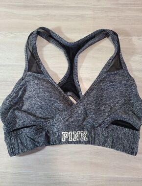 PINK Victoria’s Secret Sports Bra Medium Gray Racerback Mesh Logo Band Athletic